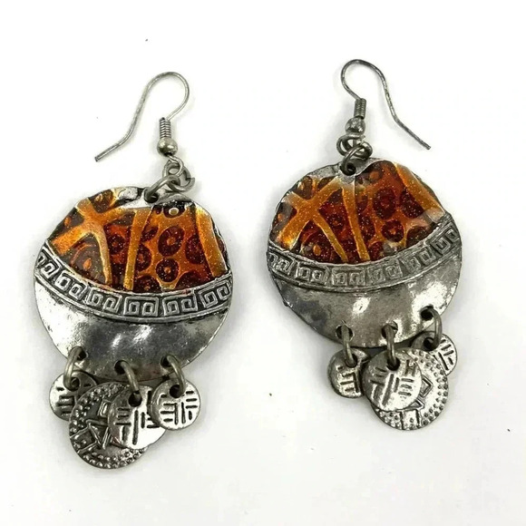 Silver Tone Metal Dangle Round Earrings Two Tone Design Unique - Picture 1 of 8